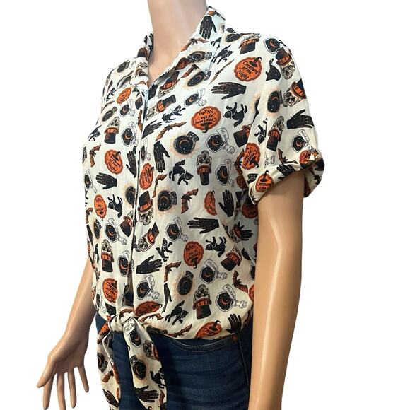 Spirit Halloween Creature Of The Night Button Down Shirt Large Tied Skull Cat - Picture 2 of 8